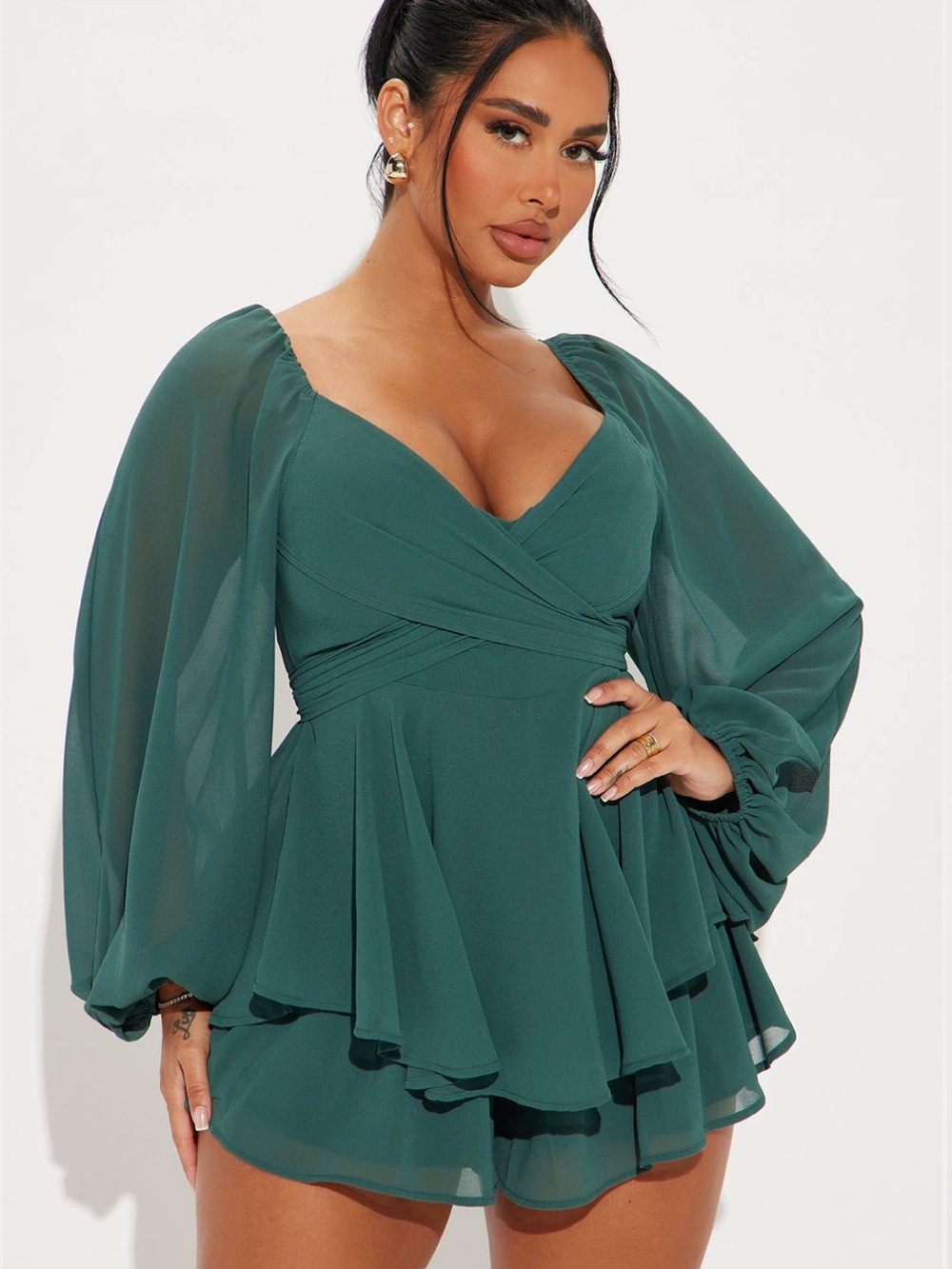 Fashion Nova Emerald Green Puff-Sleeve Mini Dress